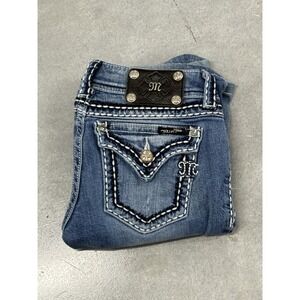Miss Me Y2K Bootcut Jeans Women's 27 Flap Pockets Bling Stitch Distressed Denim